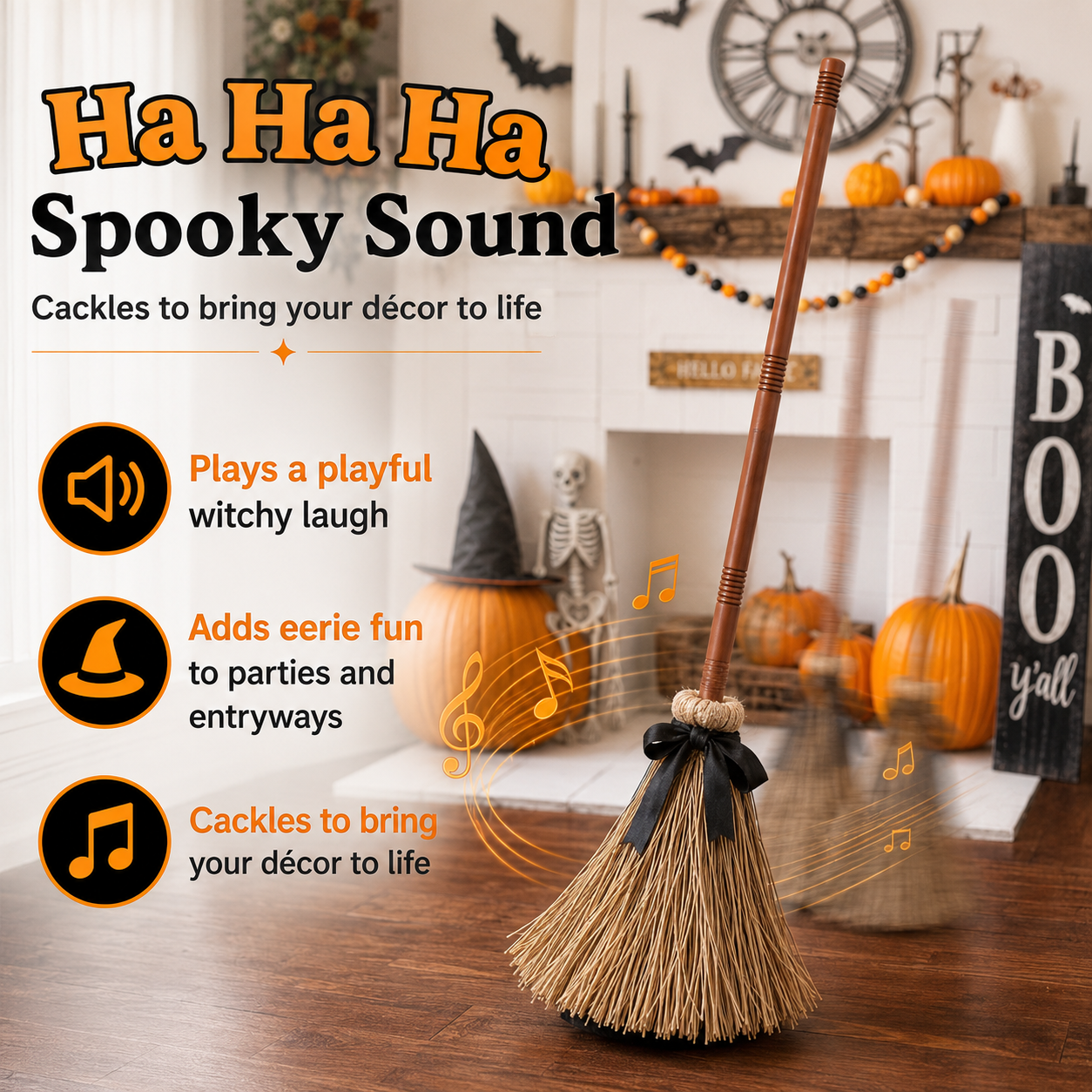 Animated Self-Moving Witch Broom with Lights & Spooky Sounds