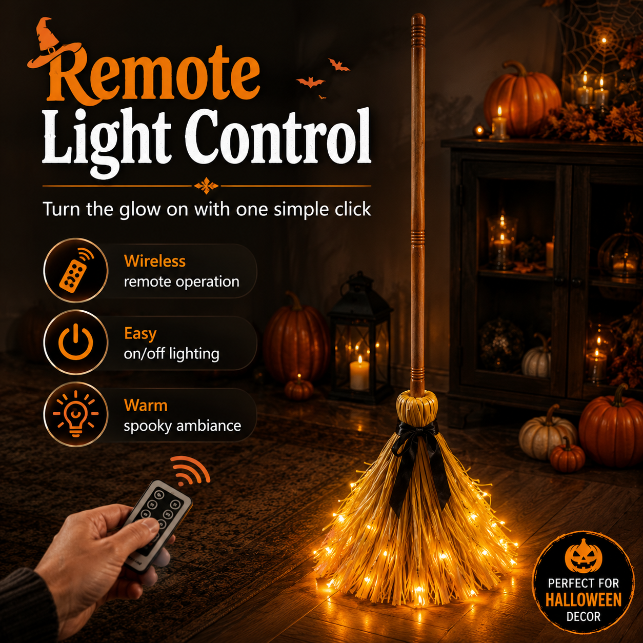 Animated Self-Moving Witch Broom with Lights & Spooky Sounds