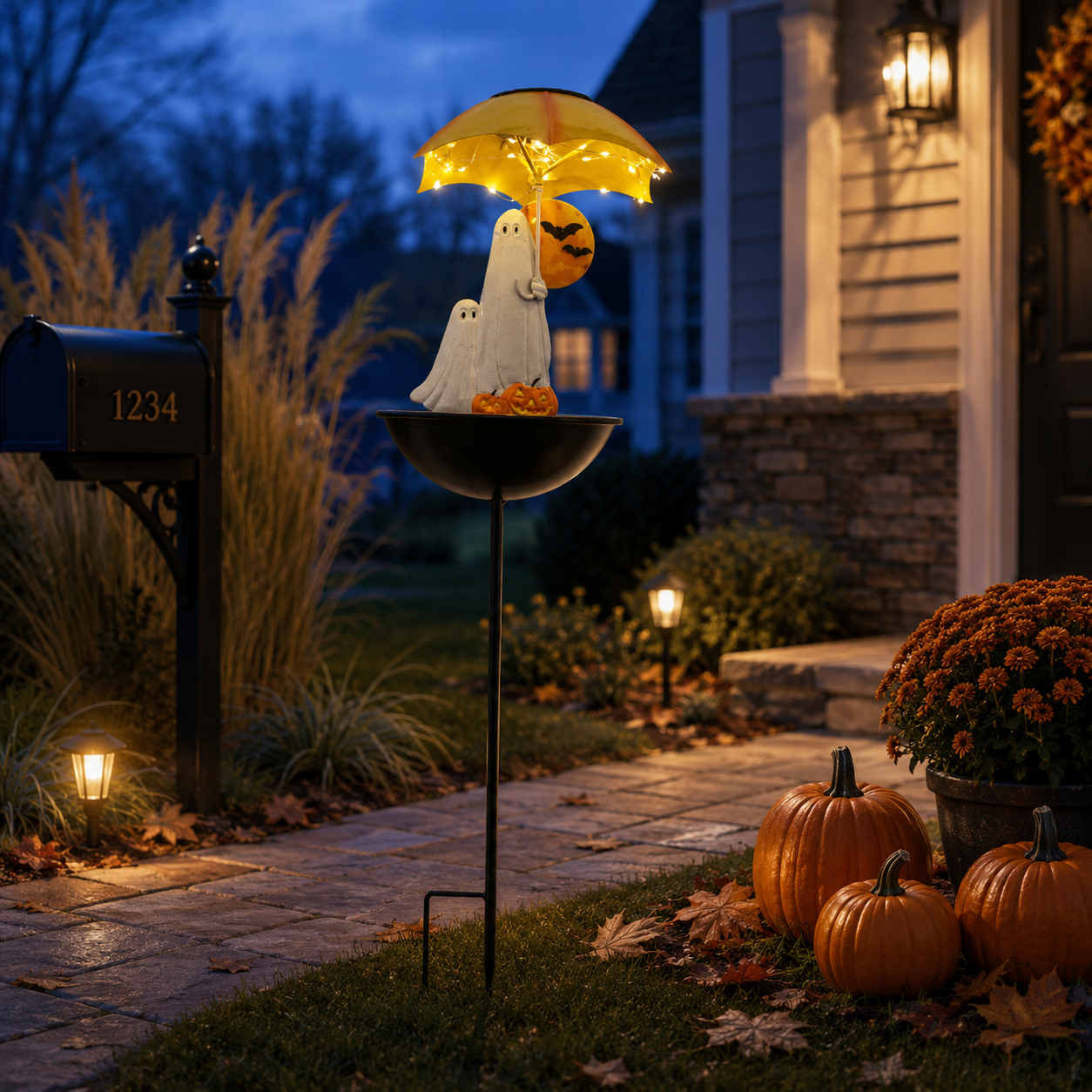 Lighted Ghost Umbrella Halloween Yard Decor with Solar Bird Feeder