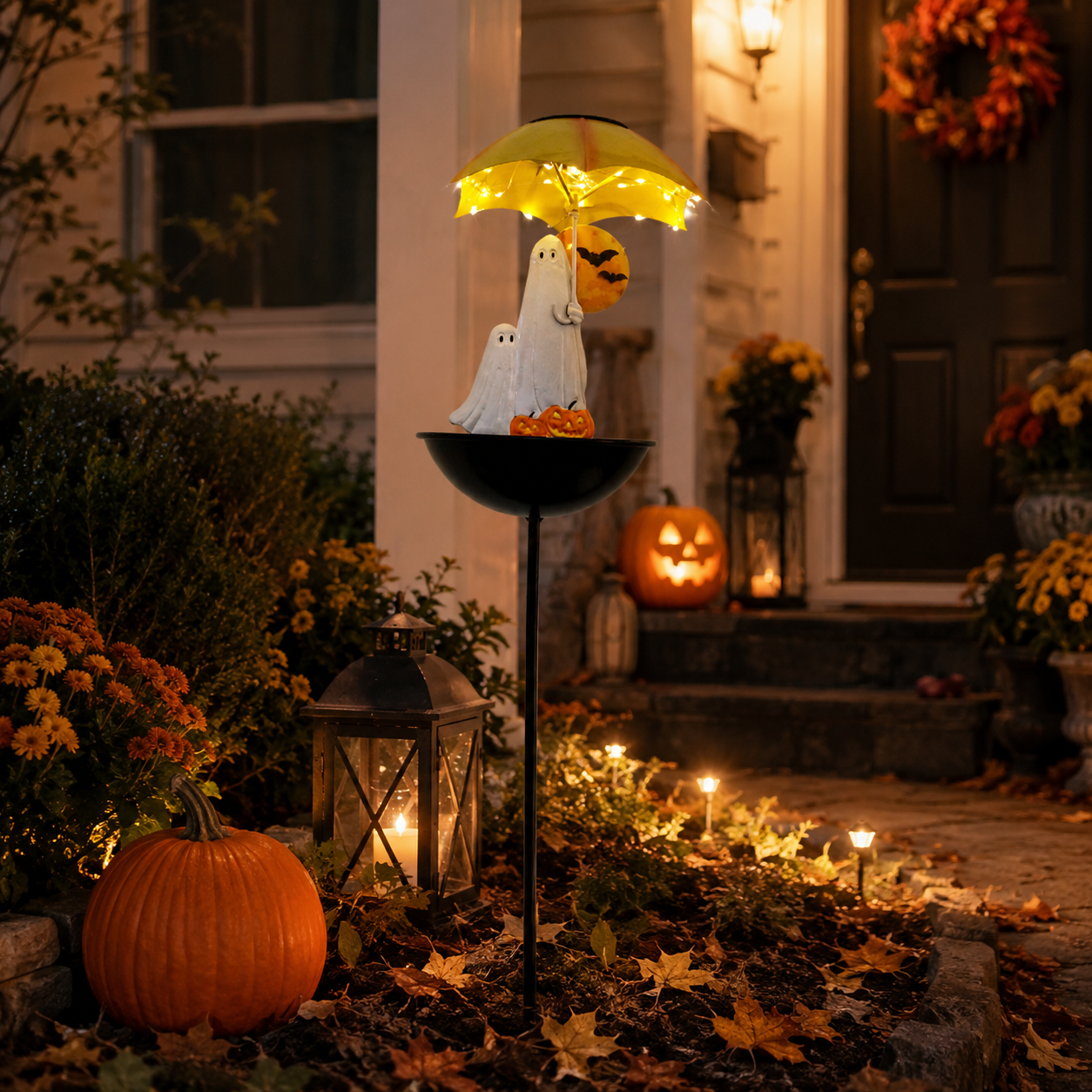 Lighted Ghost Umbrella Halloween Yard Decor with Solar Bird Feeder