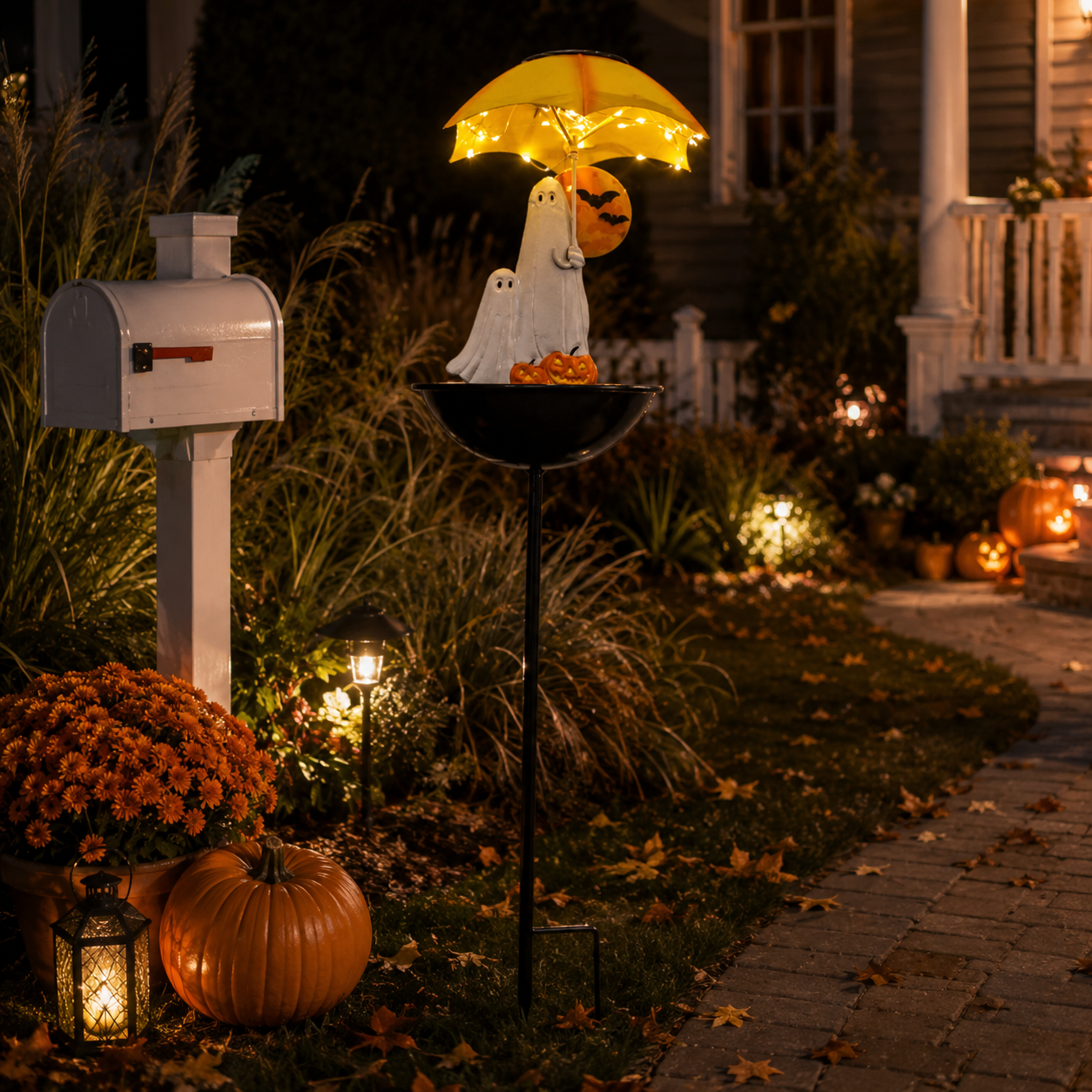 Lighted Ghost Umbrella Halloween Yard Decor with Solar Bird Feeder