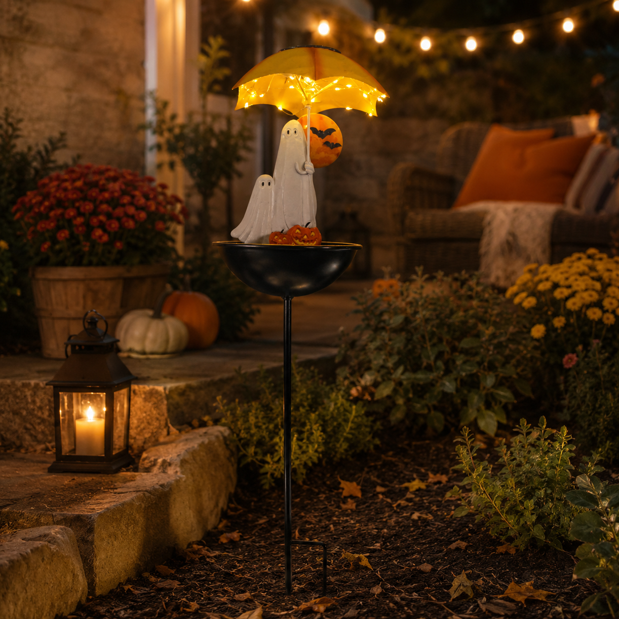 Lighted Ghost Umbrella Halloween Yard Decor with Solar Bird Feeder