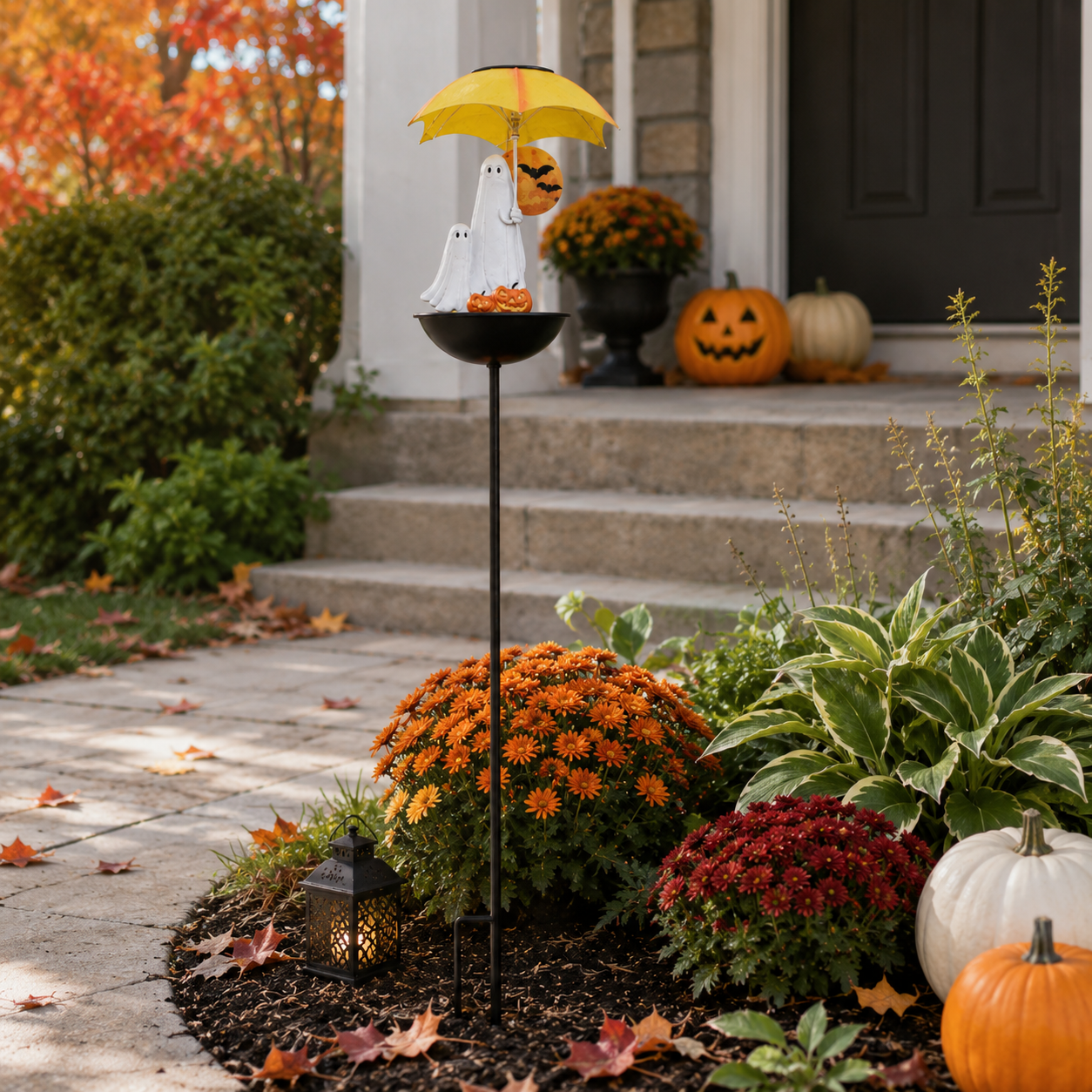 Lighted Ghost Umbrella Halloween Yard Decor with Solar Bird Feeder