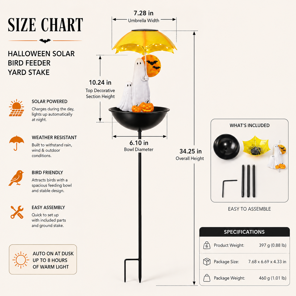 Lighted Ghost Umbrella Halloween Yard Decor with Solar Bird Feeder