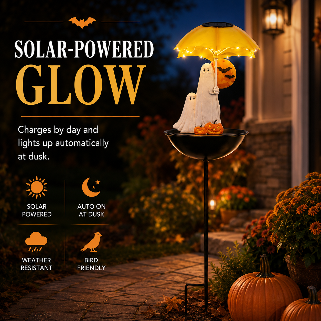 Lighted Ghost Umbrella Halloween Yard Decor with Solar Bird Feeder