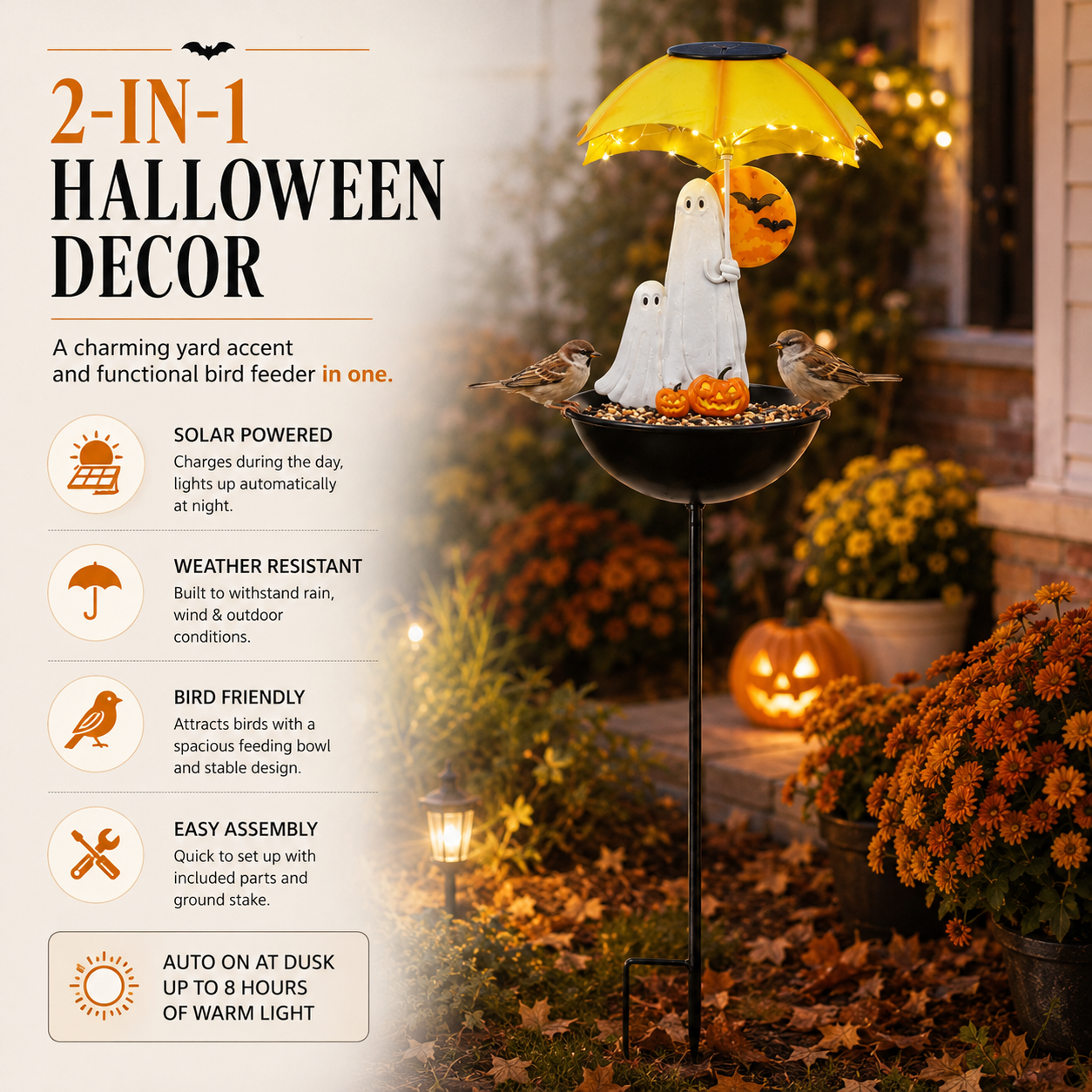 Lighted Ghost Umbrella Halloween Yard Decor with Solar Bird Feeder