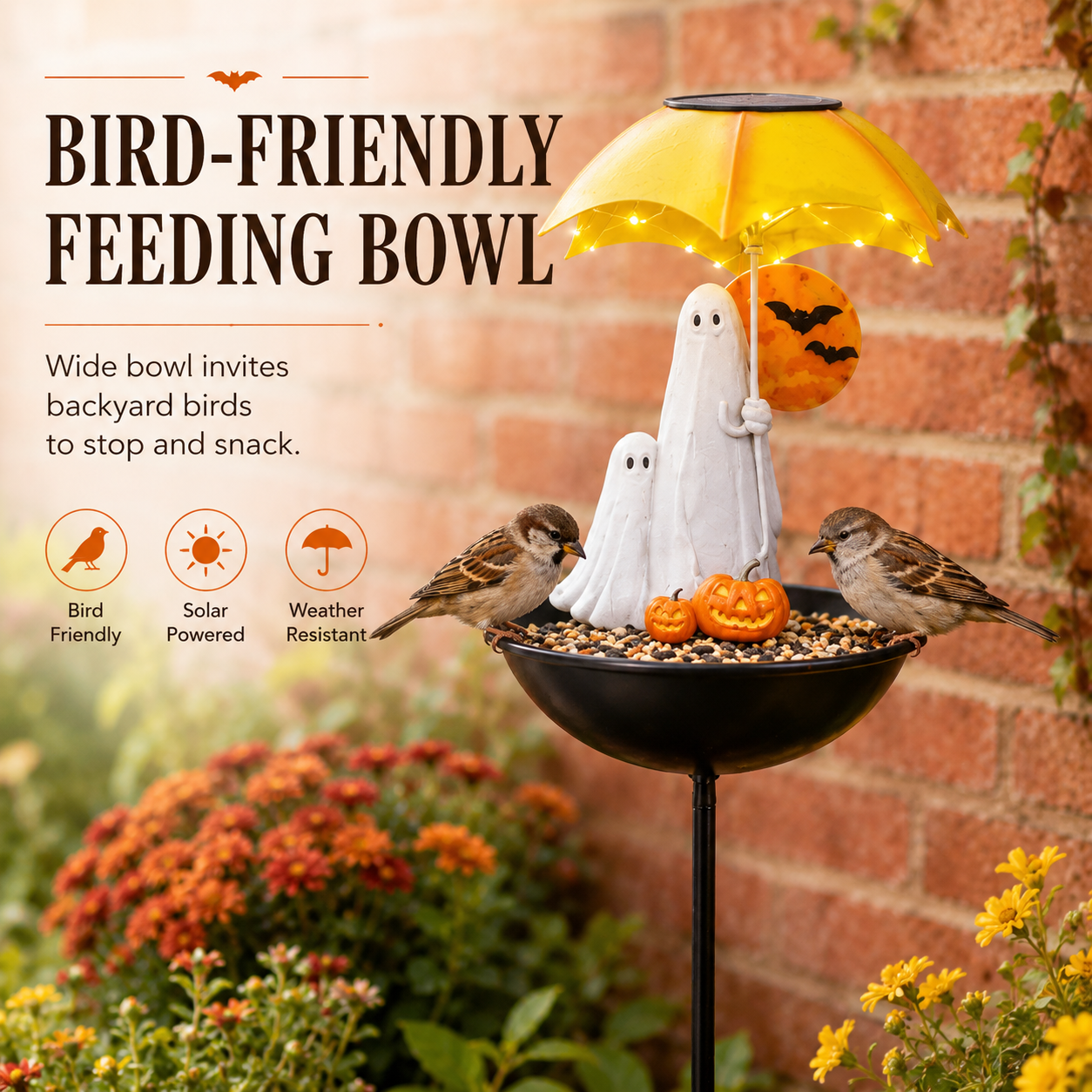 Lighted Ghost Umbrella Halloween Yard Decor with Solar Bird Feeder