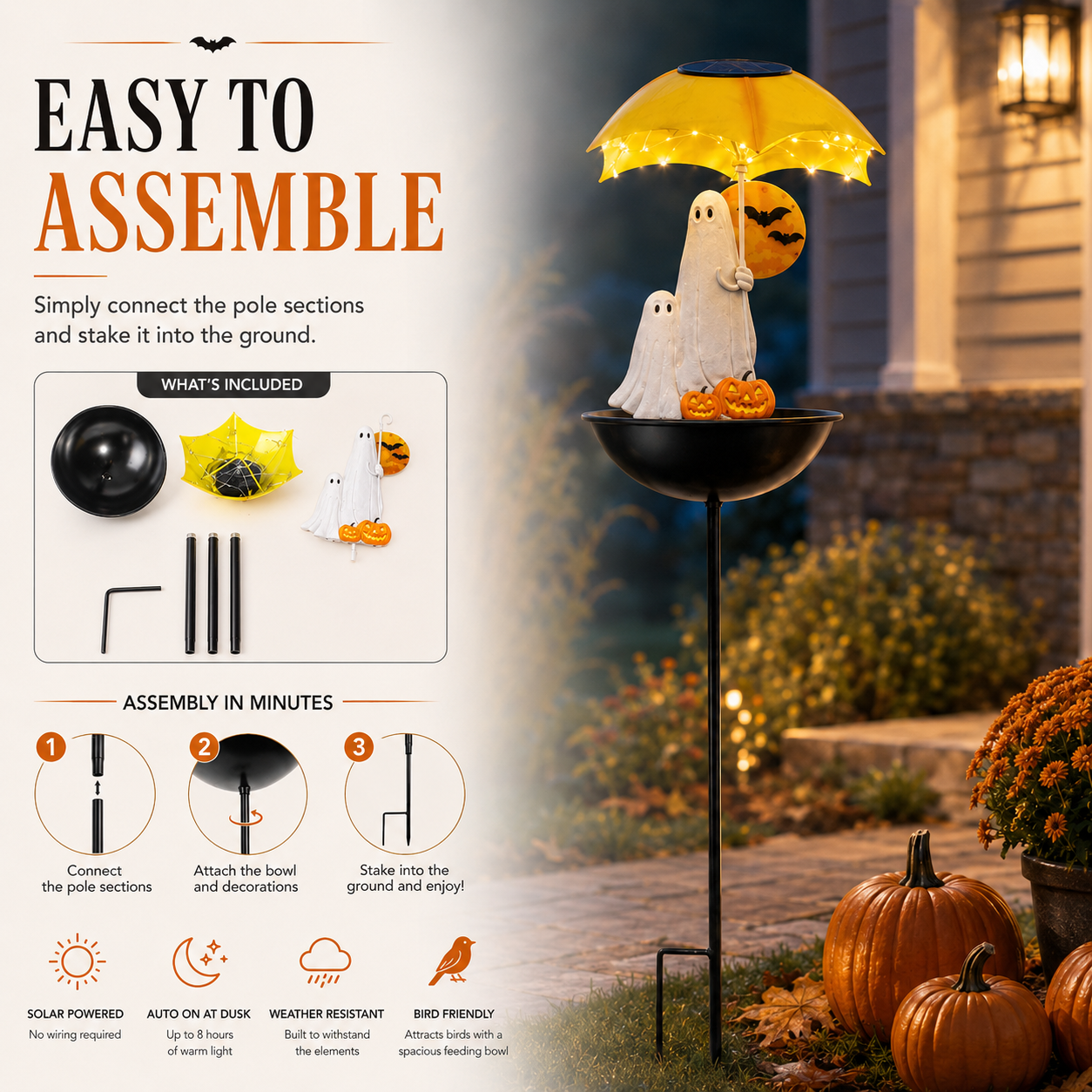 Lighted Ghost Umbrella Halloween Yard Decor with Solar Bird Feeder