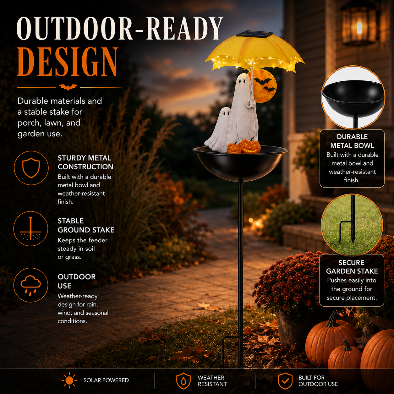 Lighted Ghost Umbrella Halloween Yard Decor with Solar Bird Feeder