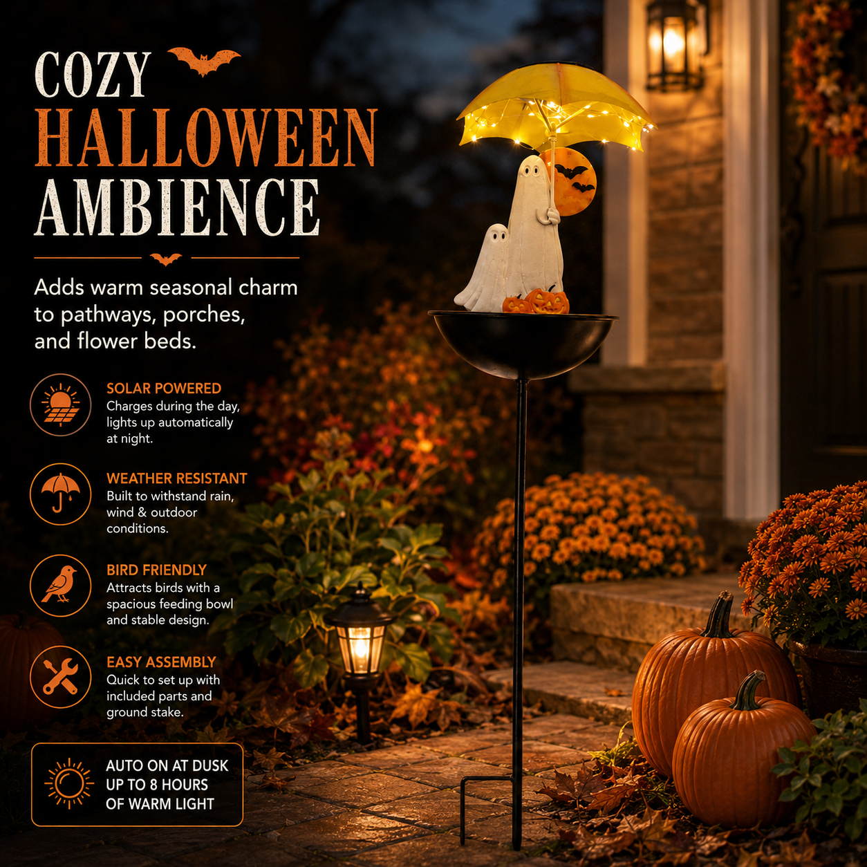 Lighted Ghost Umbrella Halloween Yard Decor with Solar Bird Feeder