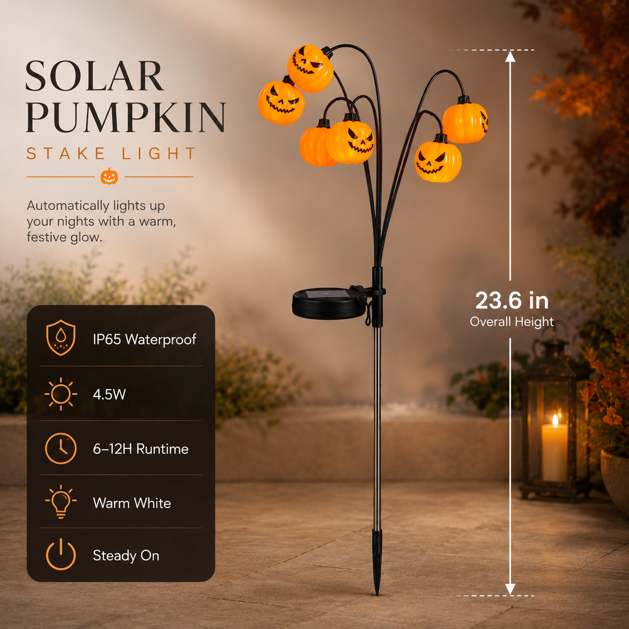 Solar Halloween Pumpkin Garden Stake Light – Warm White Outdoor Jack-O’-Lantern Decor