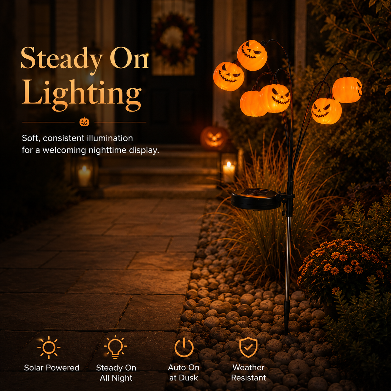 Solar Halloween Pumpkin Garden Stake Light – Warm White Outdoor Jack-O’-Lantern Decor