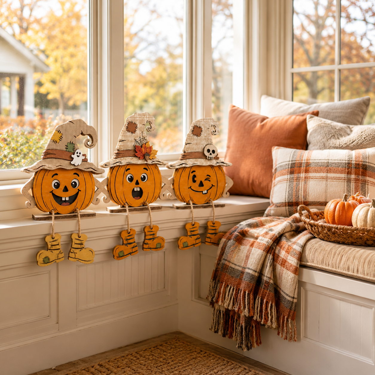 Whimsical Wooden Pumpkin Witch Decor Set – Fall Tabletop Accents