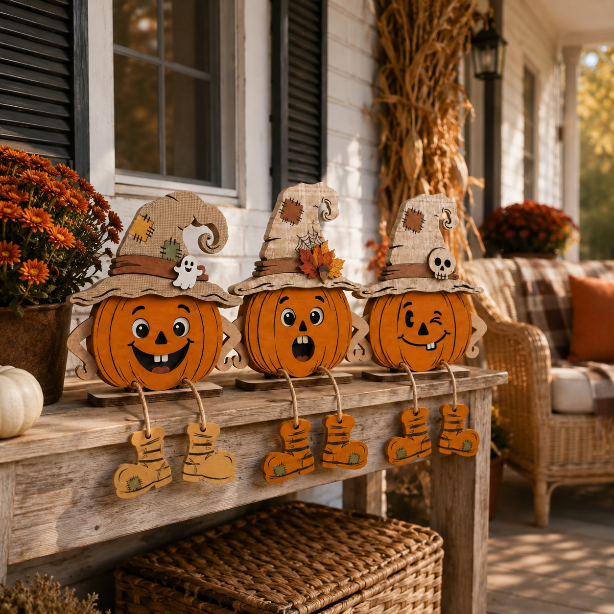Whimsical Wooden Pumpkin Witch Decor Set – Fall Tabletop Accents