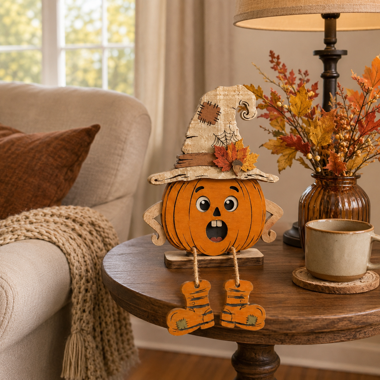 Whimsical Wooden Pumpkin Witch Decor Set – Fall Tabletop Accents