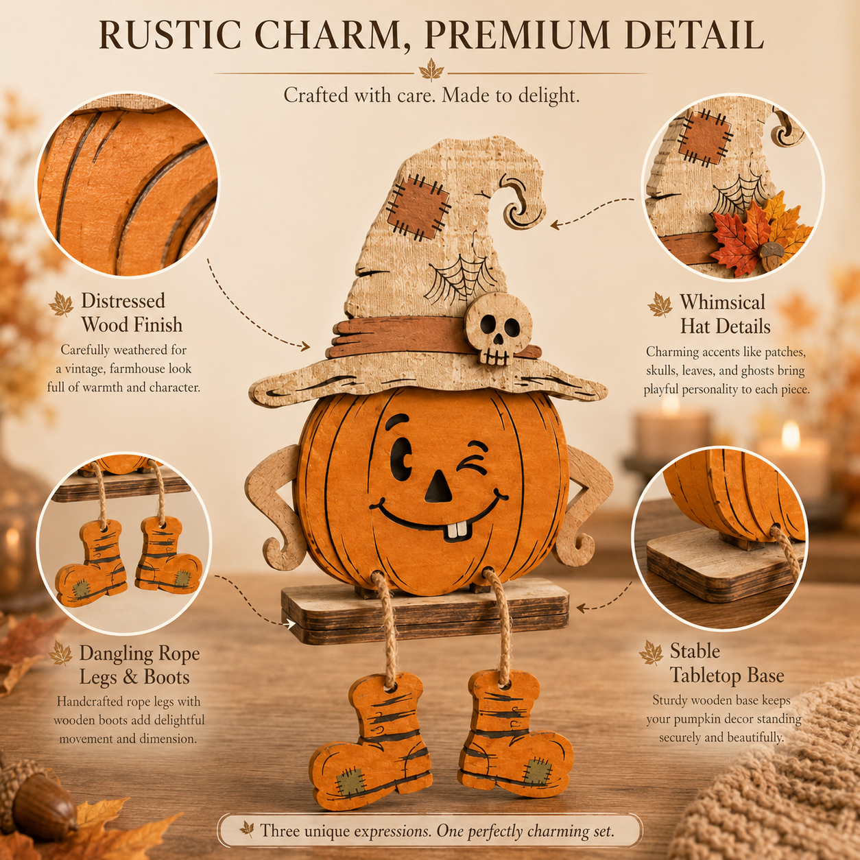 Whimsical Wooden Pumpkin Witch Decor Set – Fall Tabletop Accents