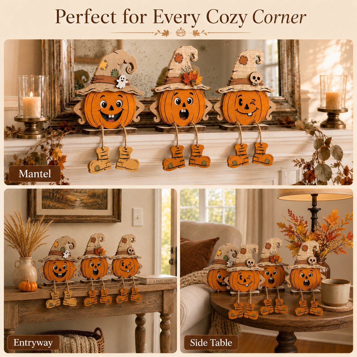 Whimsical Wooden Pumpkin Witch Decor Set – Fall Tabletop Accents