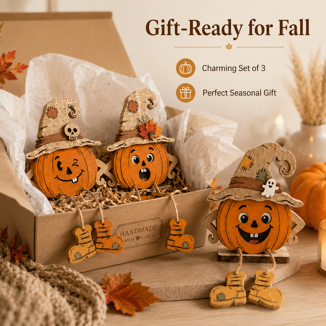 Whimsical Wooden Pumpkin Witch Decor Set – Fall Tabletop Accents