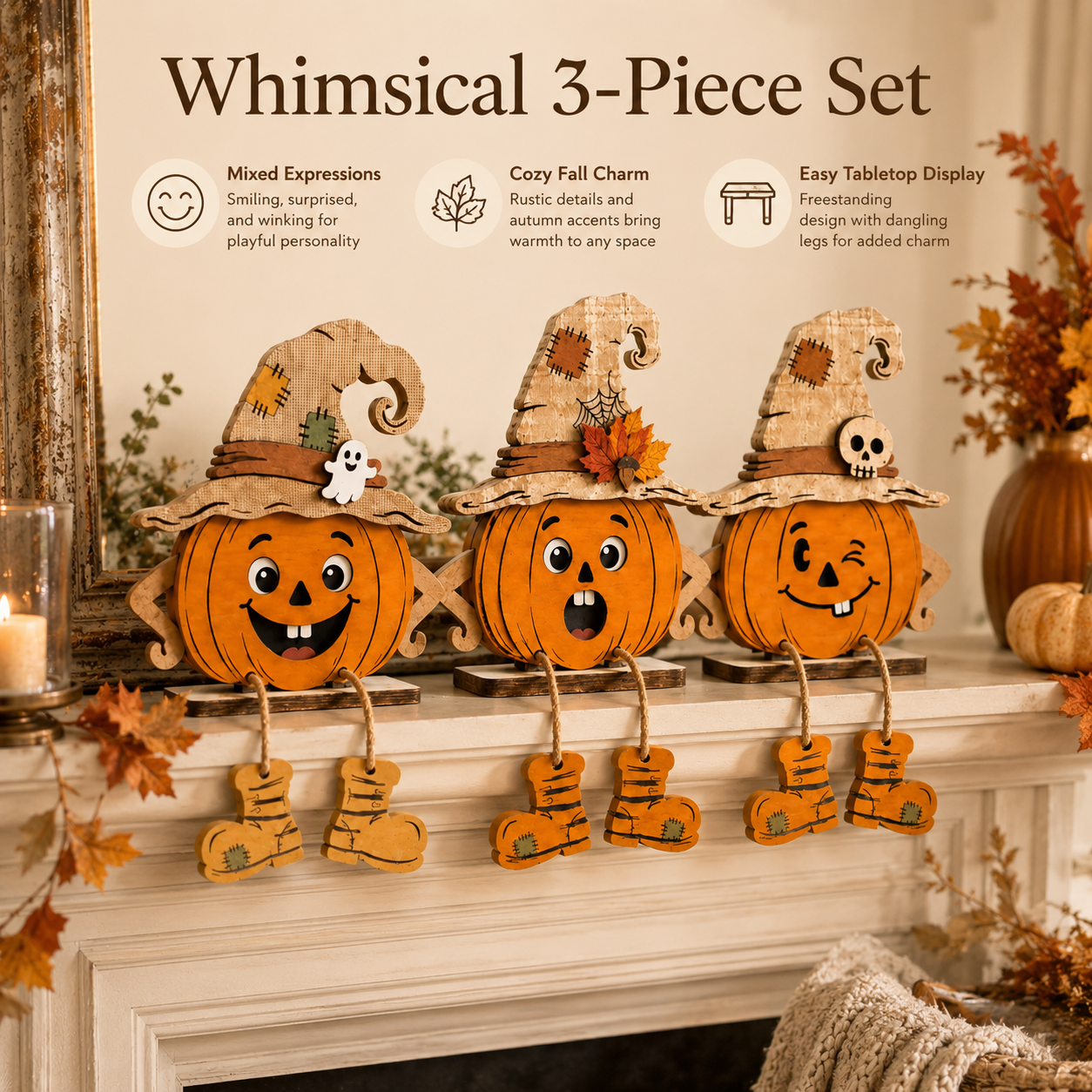 Whimsical Wooden Pumpkin Witch Decor Set – Fall Tabletop Accents