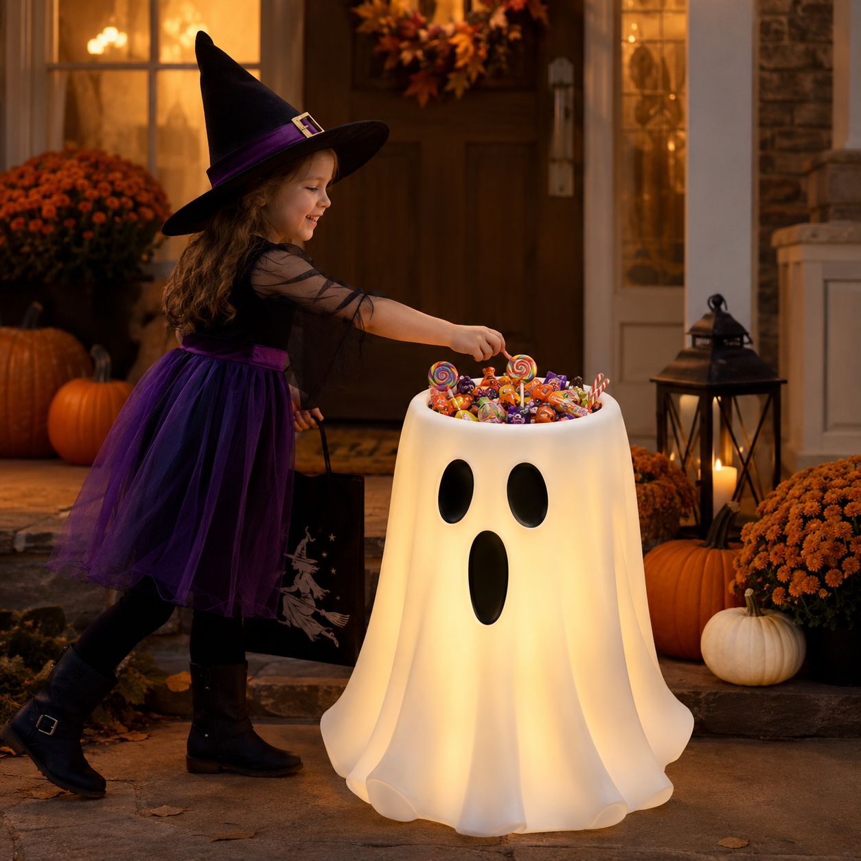 Halloween Lighted Ghost Candy Jar Decor – A Magical Treat Station for Your Front Door