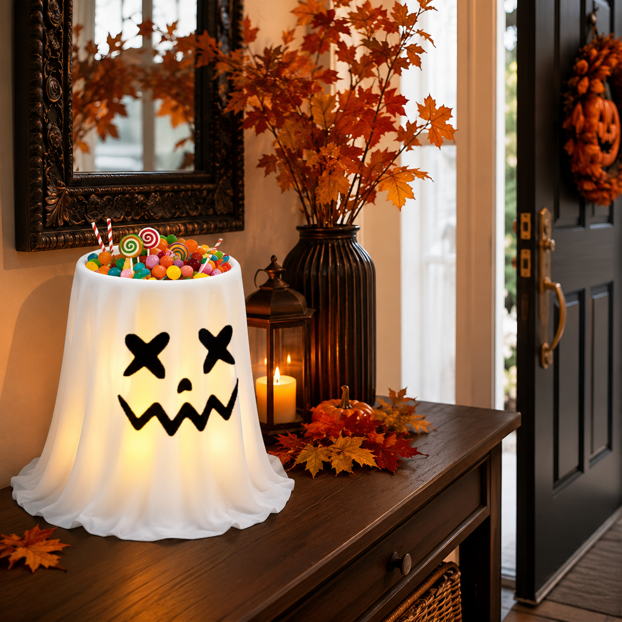 Halloween Lighted Ghost Candy Jar Decor – A Magical Treat Station for Your Front Door