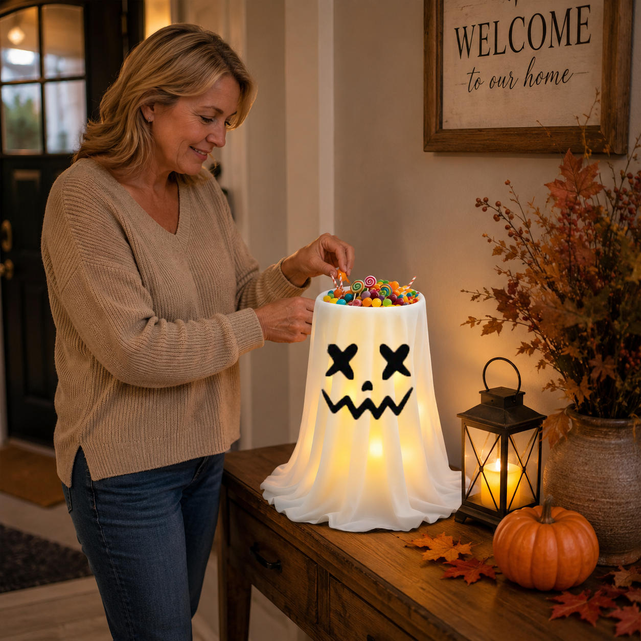 Halloween Lighted Ghost Candy Jar Decor – A Magical Treat Station for Your Front Door