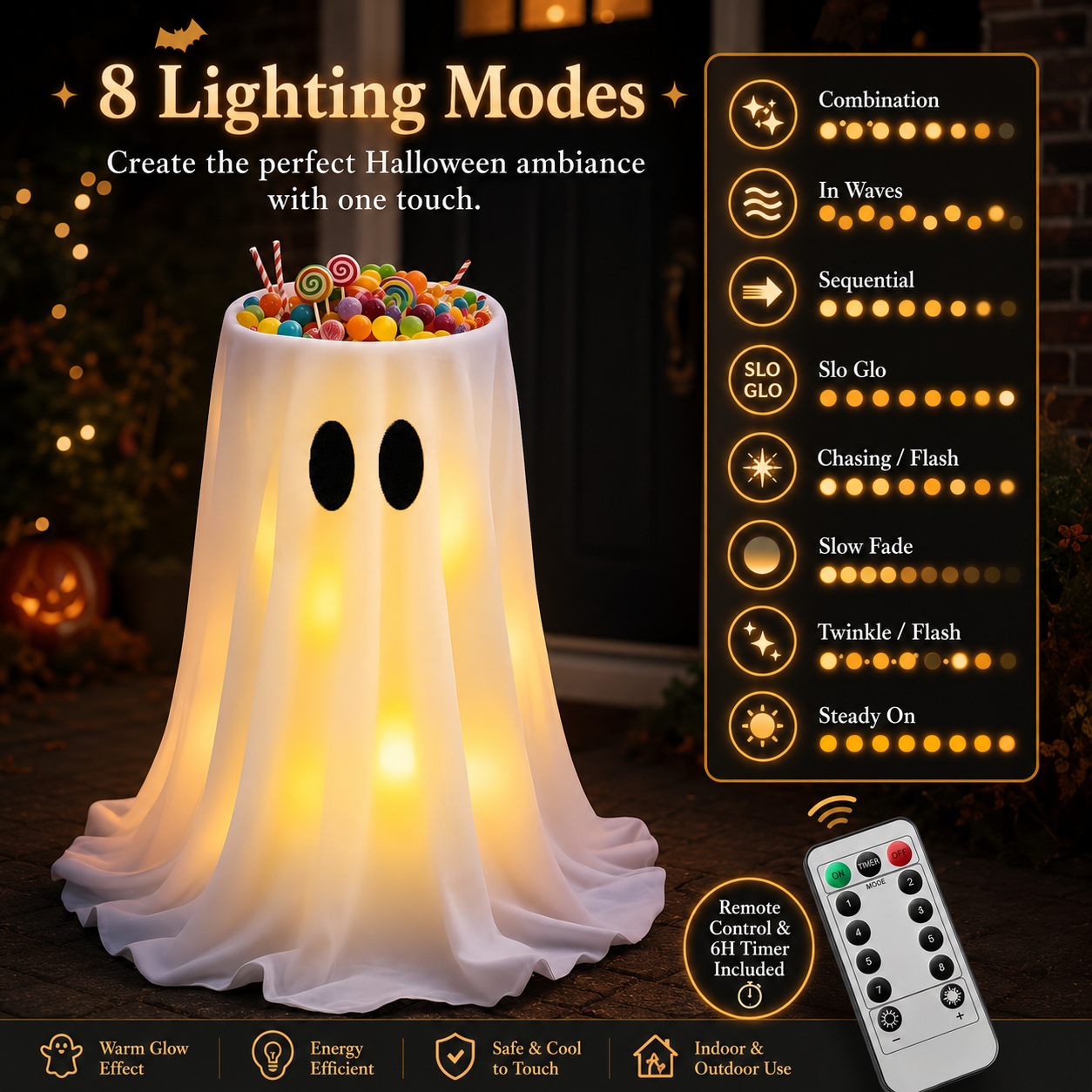 Halloween Lighted Ghost Candy Jar Decor – A Magical Treat Station for Your Front Door