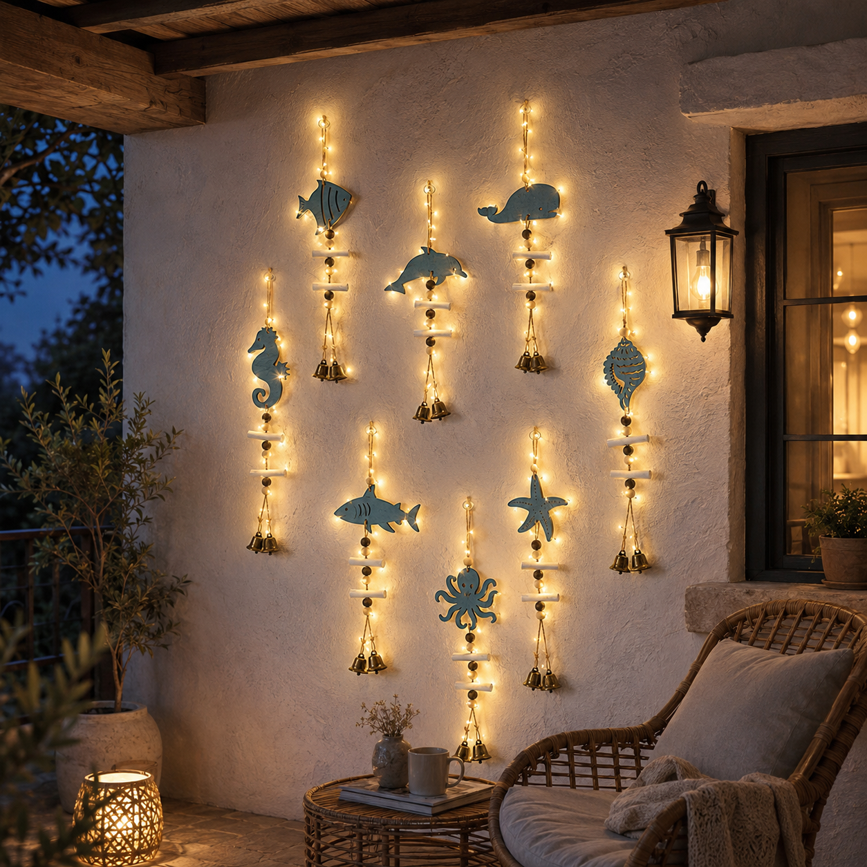 Mediterranean Lighted Wooden Animal Wind Chime Set – 8-Piece Coastal Wall Decor