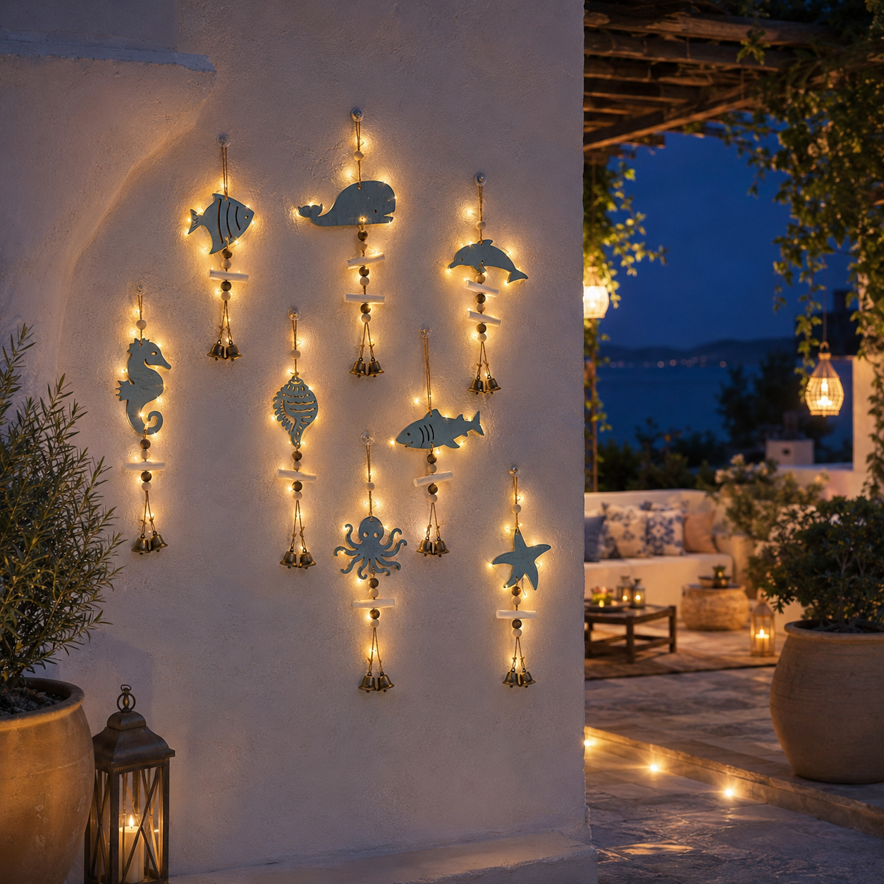 Mediterranean Lighted Wooden Animal Wind Chime Set – 8-Piece Coastal Wall Decor