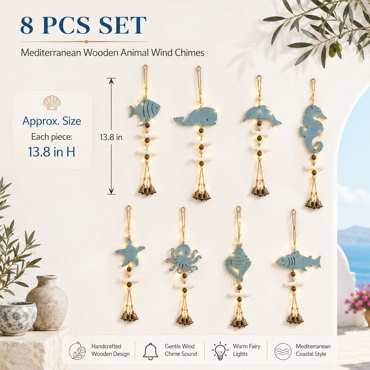 Mediterranean Lighted Wooden Animal Wind Chime Set – 8-Piece Coastal Wall Decor