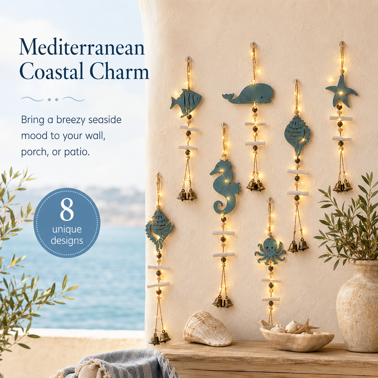Mediterranean Lighted Wooden Animal Wind Chime Set – 8-Piece Coastal Wall Decor