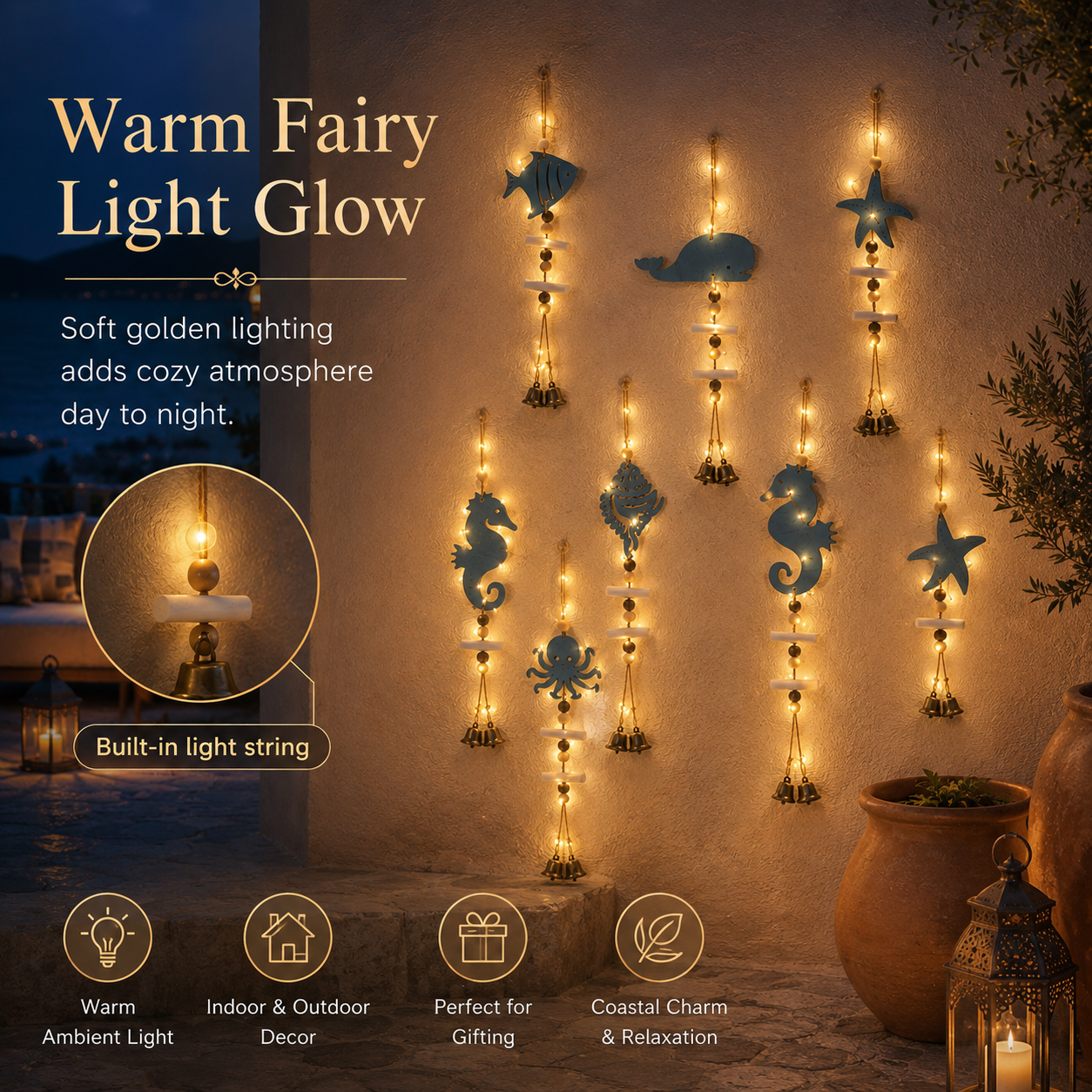 Mediterranean Lighted Wooden Animal Wind Chime Set – 8-Piece Coastal Wall Decor