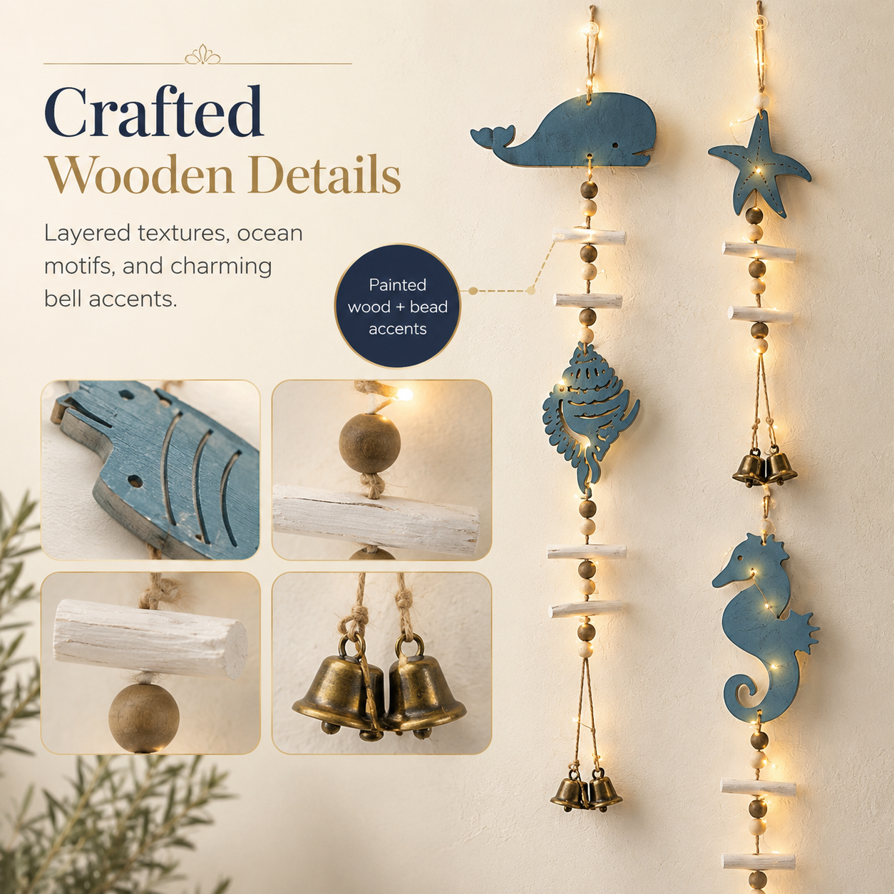 Mediterranean Lighted Wooden Animal Wind Chime Set – 8-Piece Coastal Wall Decor
