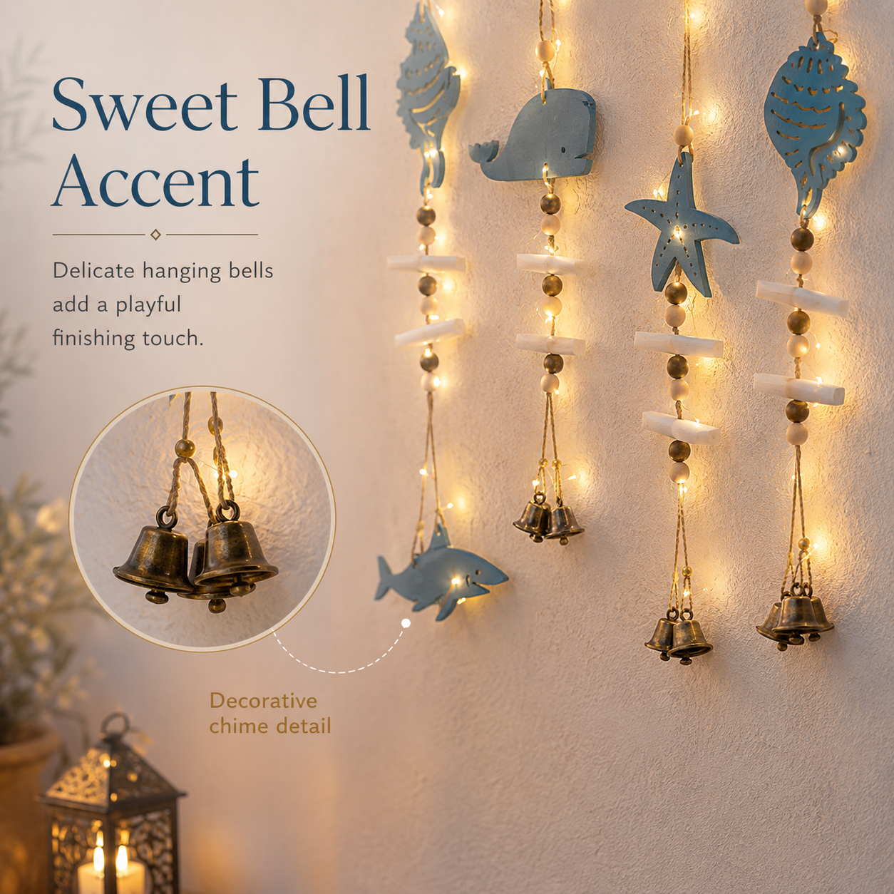Mediterranean Lighted Wooden Animal Wind Chime Set – 8-Piece Coastal Wall Decor