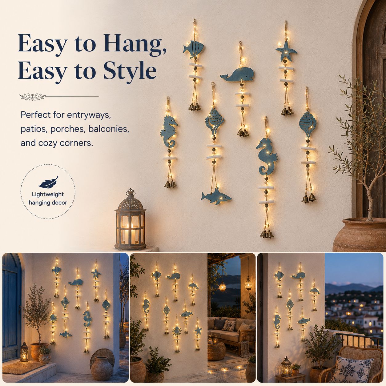 Mediterranean Lighted Wooden Animal Wind Chime Set – 8-Piece Coastal Wall Decor