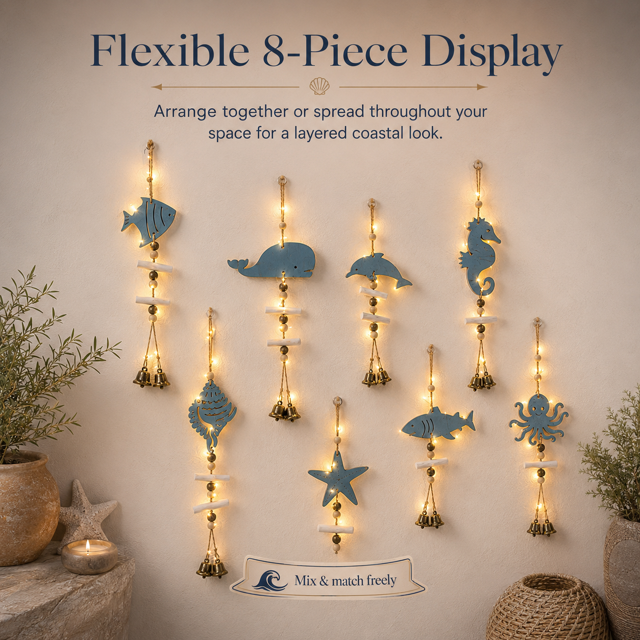Mediterranean Lighted Wooden Animal Wind Chime Set – 8-Piece Coastal Wall Decor