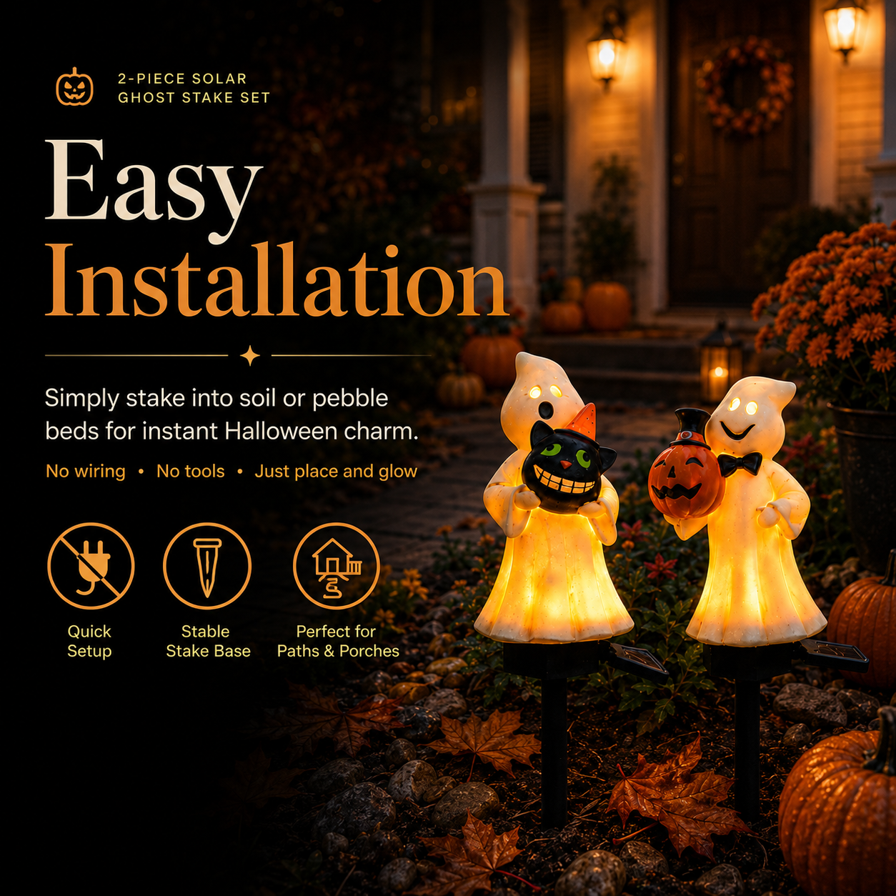 Solar Ghost & Pumpkin Garden Stake Lights Set – Warm Glow Halloween Pathway Décor