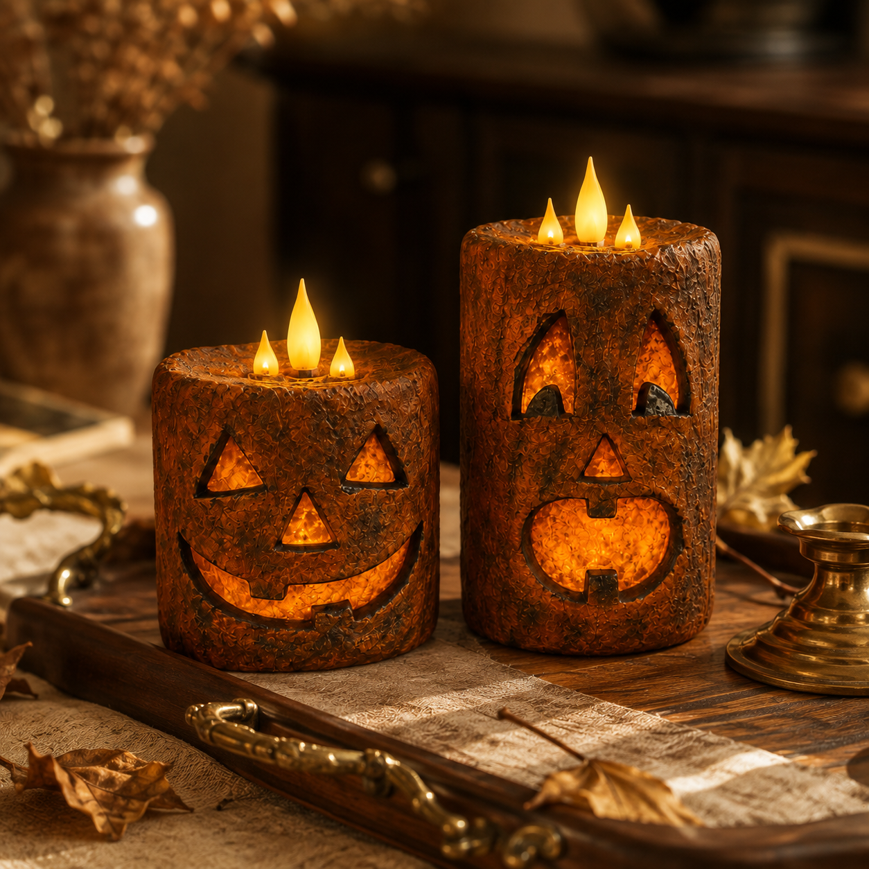 Vintage Rust Jack-O’-Lantern Candle Lanterns – Set of 2 Remote-Controlled Halloween Decor