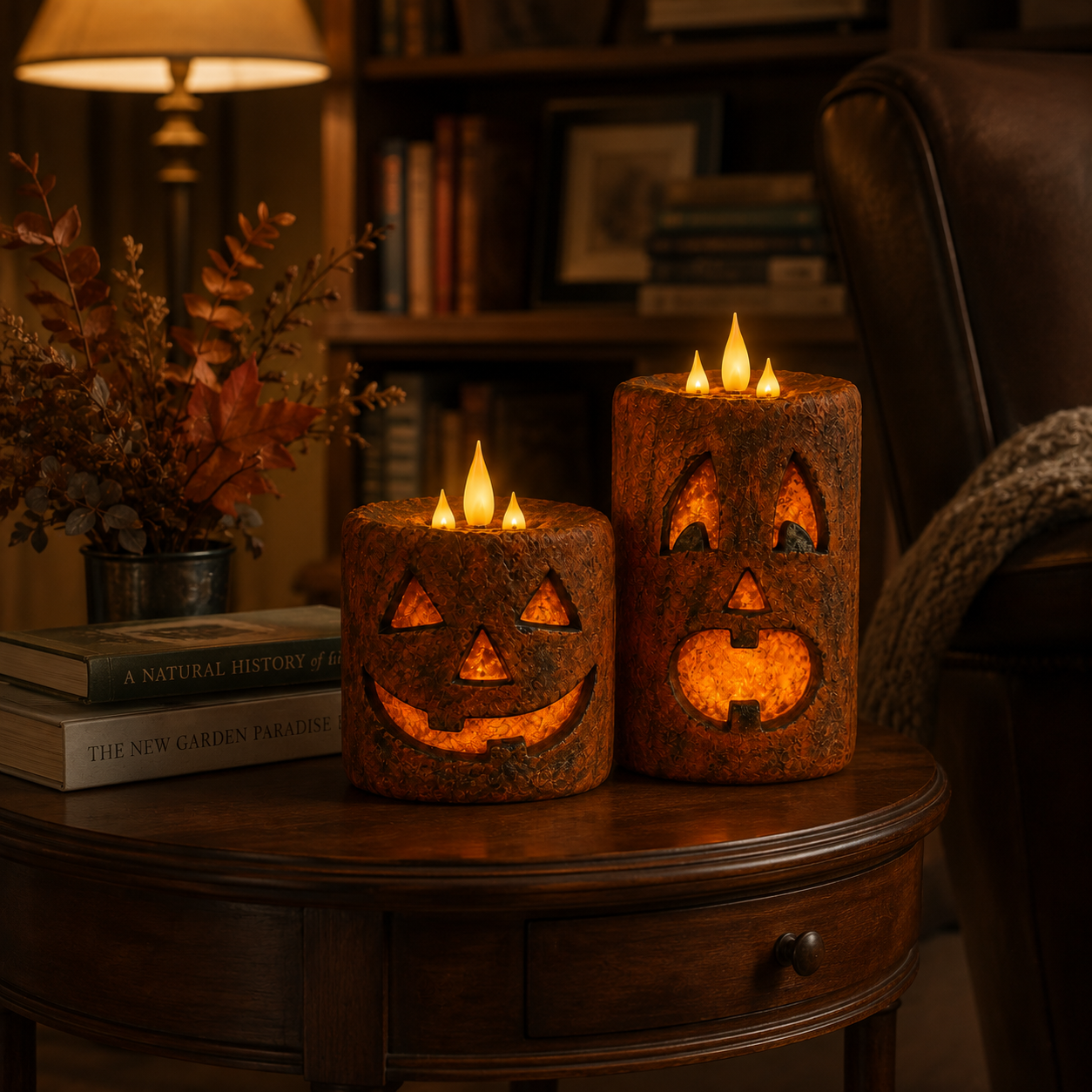 Vintage Rust Jack-O’-Lantern Candle Lanterns – Set of 2 Remote-Controlled Halloween Decor