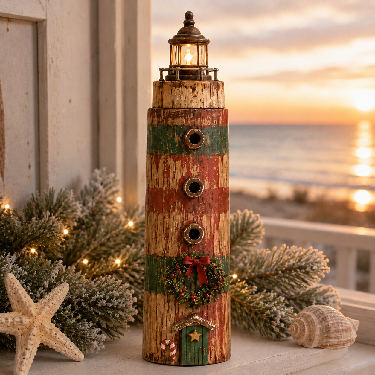 Rustic Coastal Christmas Lighthouse with Warm LED Light & Remote – 9.45″ Tabletop Holiday Decor