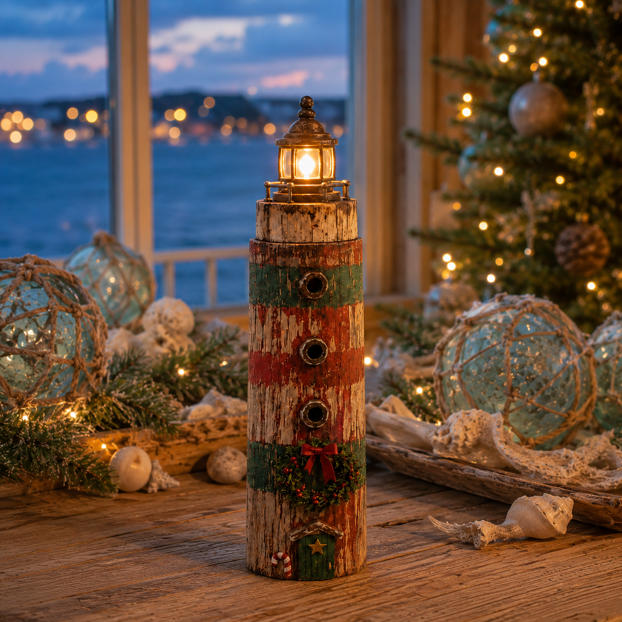 Rustic Coastal Christmas Lighthouse with Warm LED Light & Remote – 9.45″ Tabletop Holiday Decor