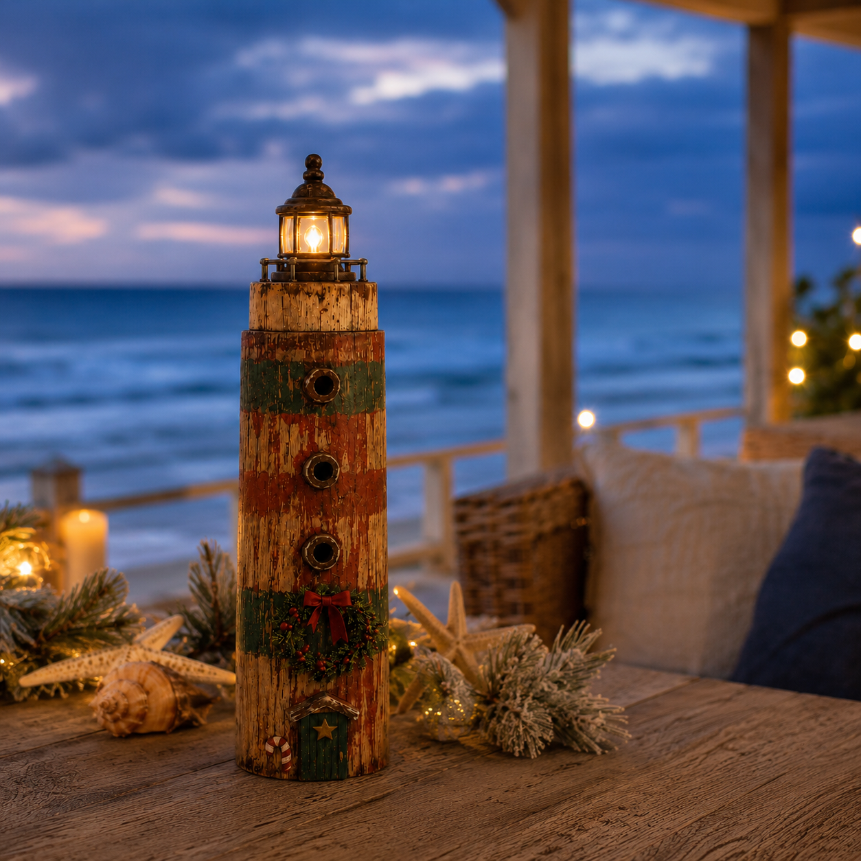 Rustic Coastal Christmas Lighthouse with Warm LED Light & Remote – 9.45″ Tabletop Holiday Decor