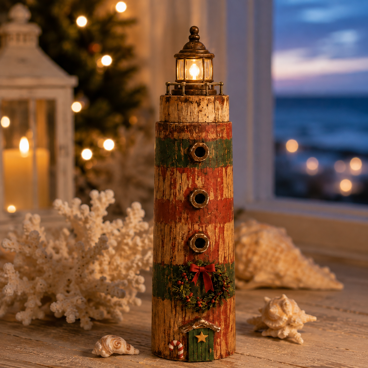 Rustic Coastal Christmas Lighthouse with Warm LED Light & Remote – 9.45″ Tabletop Holiday Decor