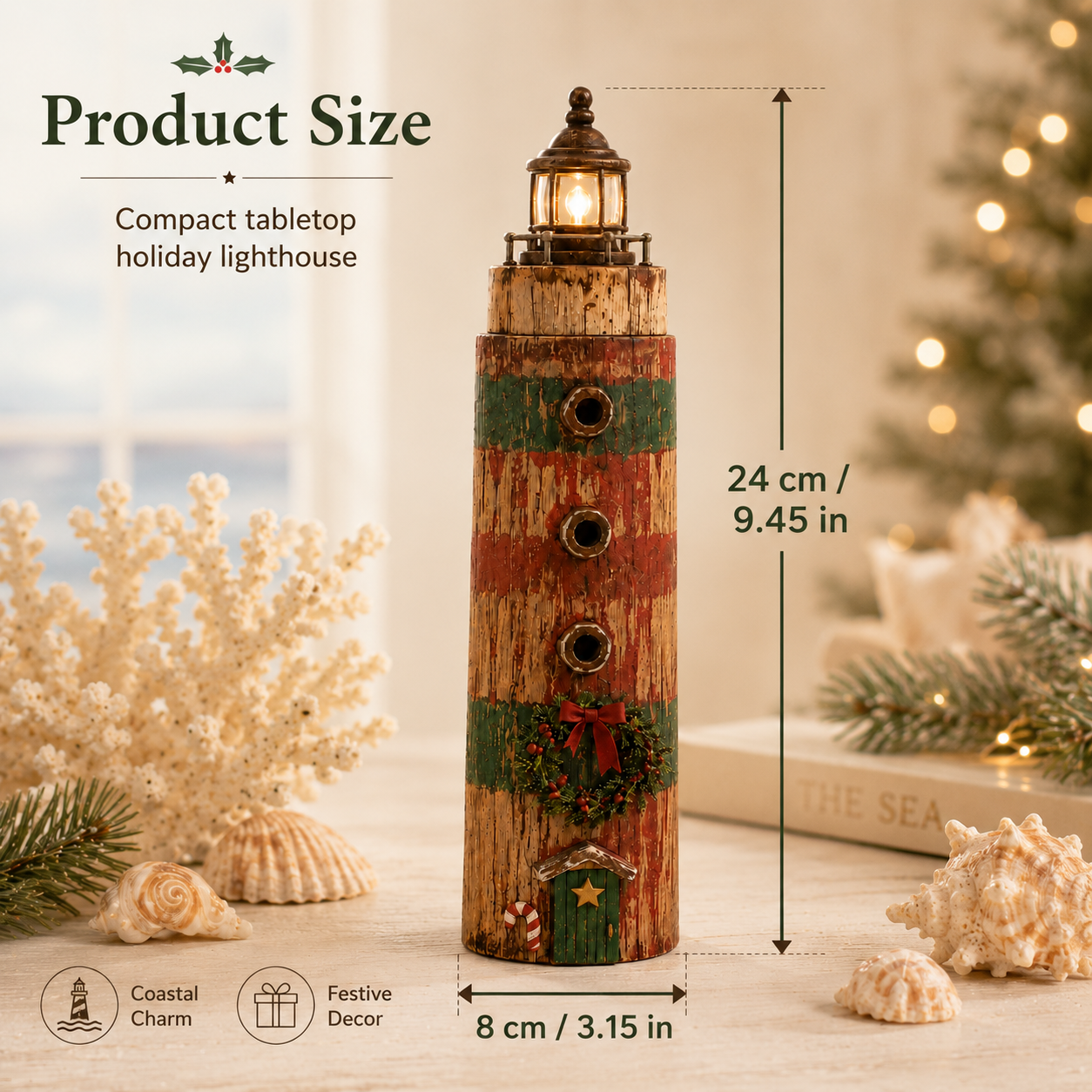 Rustic Coastal Christmas Lighthouse with Warm LED Light & Remote – 9.45″ Tabletop Holiday Decor