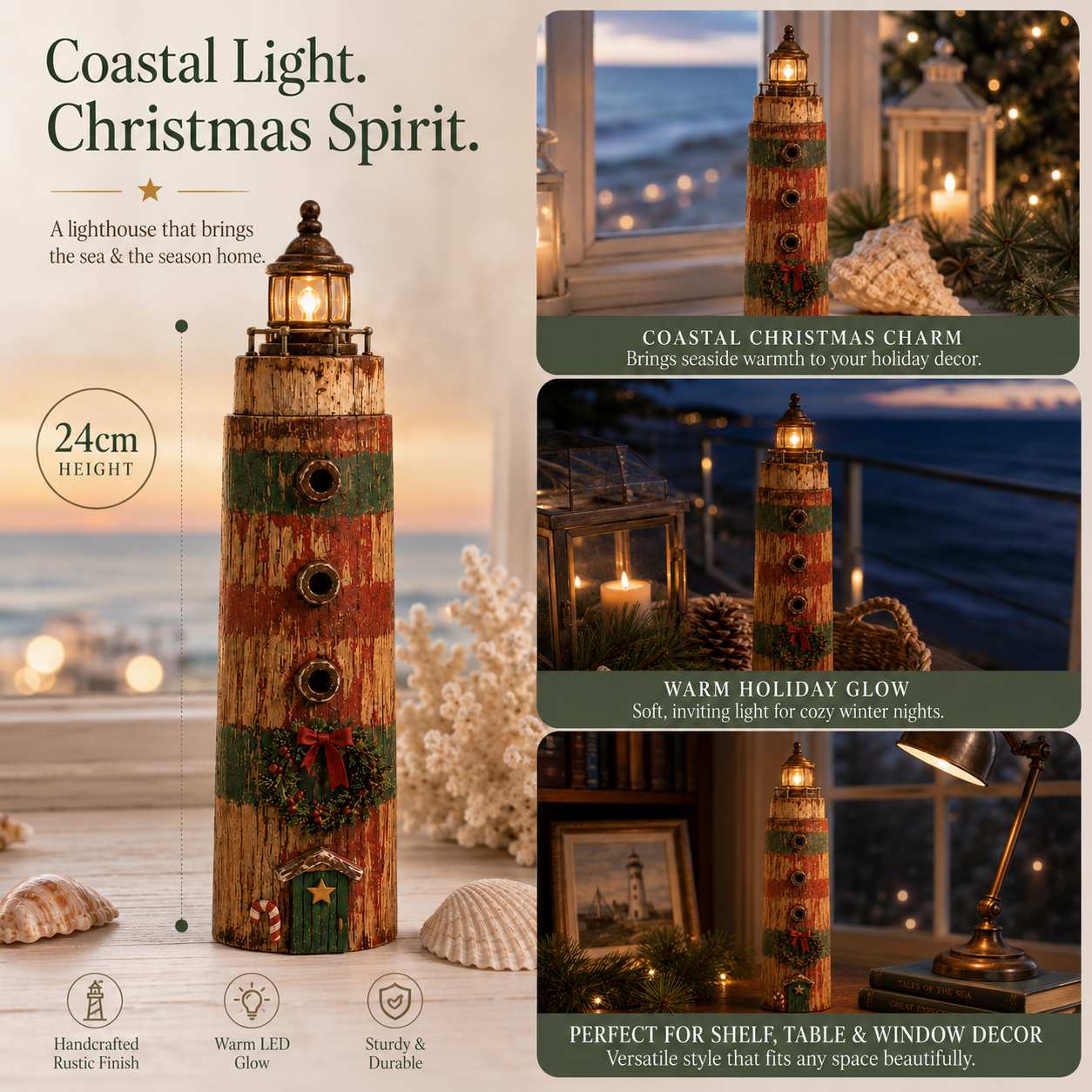 Rustic Coastal Christmas Lighthouse with Warm LED Light & Remote – 9.45″ Tabletop Holiday Decor
