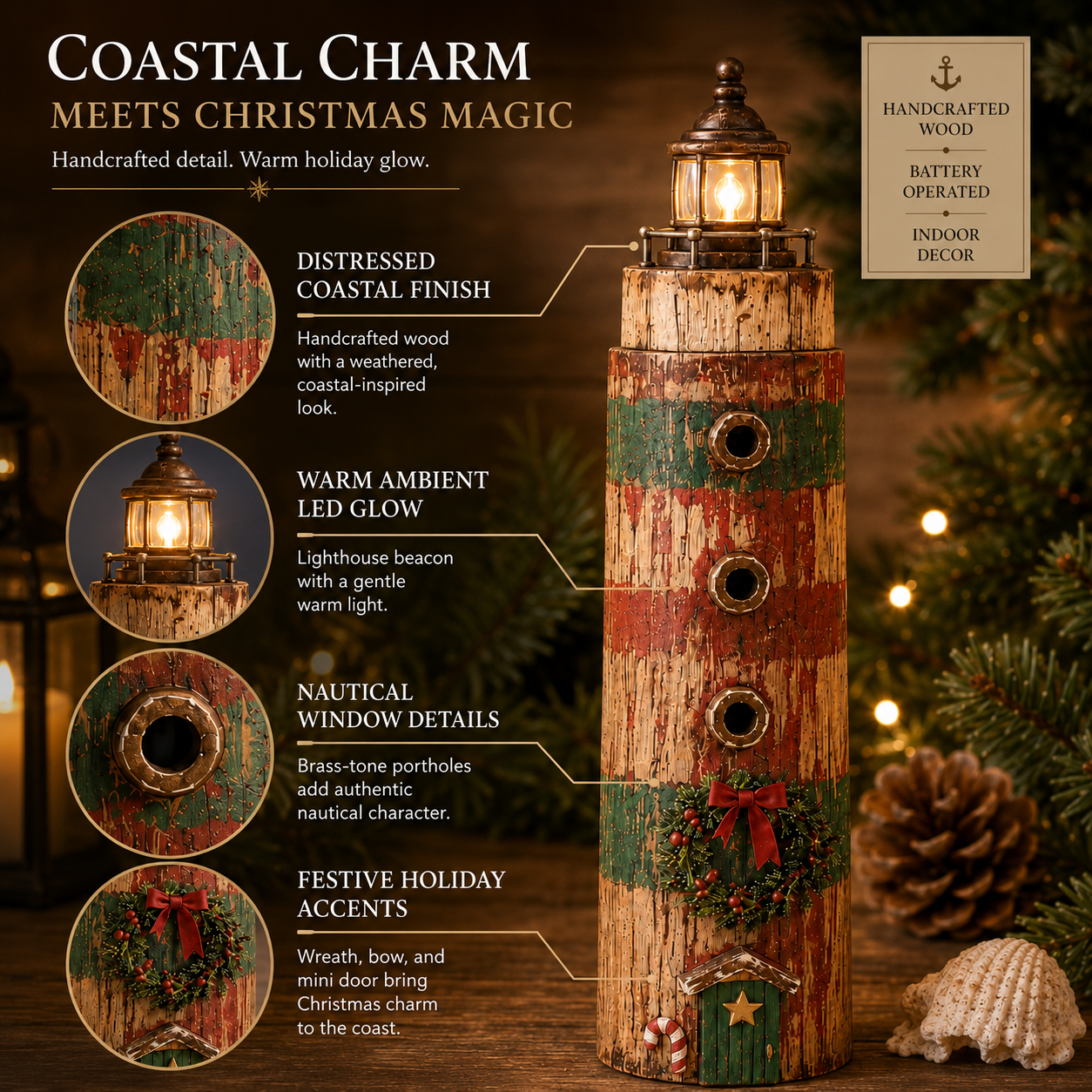 Rustic Coastal Christmas Lighthouse with Warm LED Light & Remote – 9.45″ Tabletop Holiday Decor