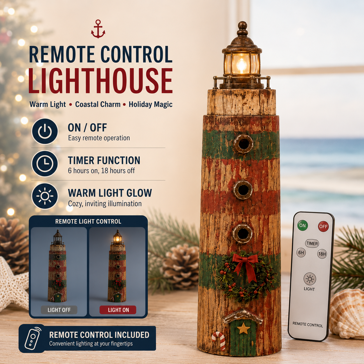 Rustic Coastal Christmas Lighthouse with Warm LED Light & Remote – 9.45″ Tabletop Holiday Decor