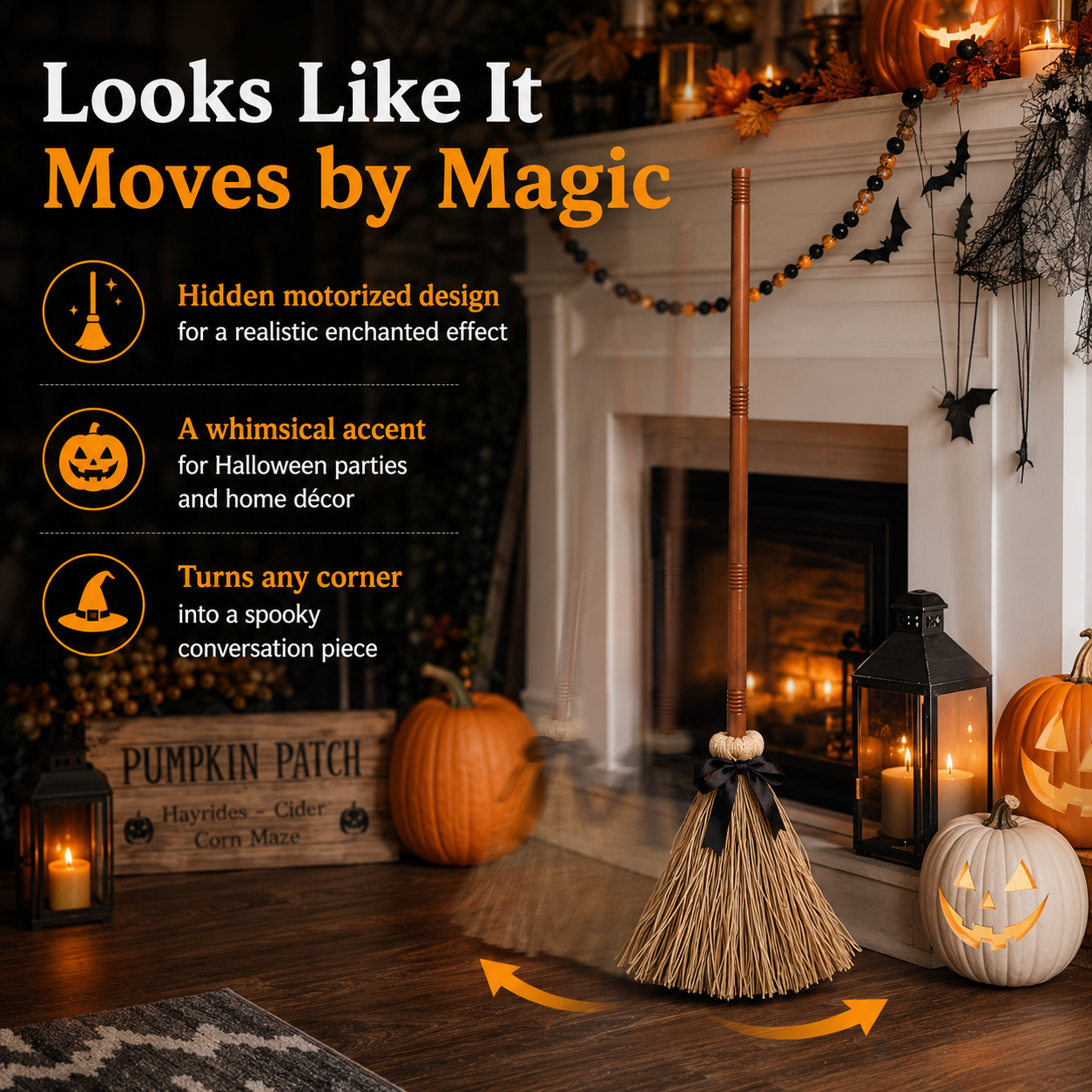 Animated Self-Moving Witch Broom with Lights & Spooky Sounds