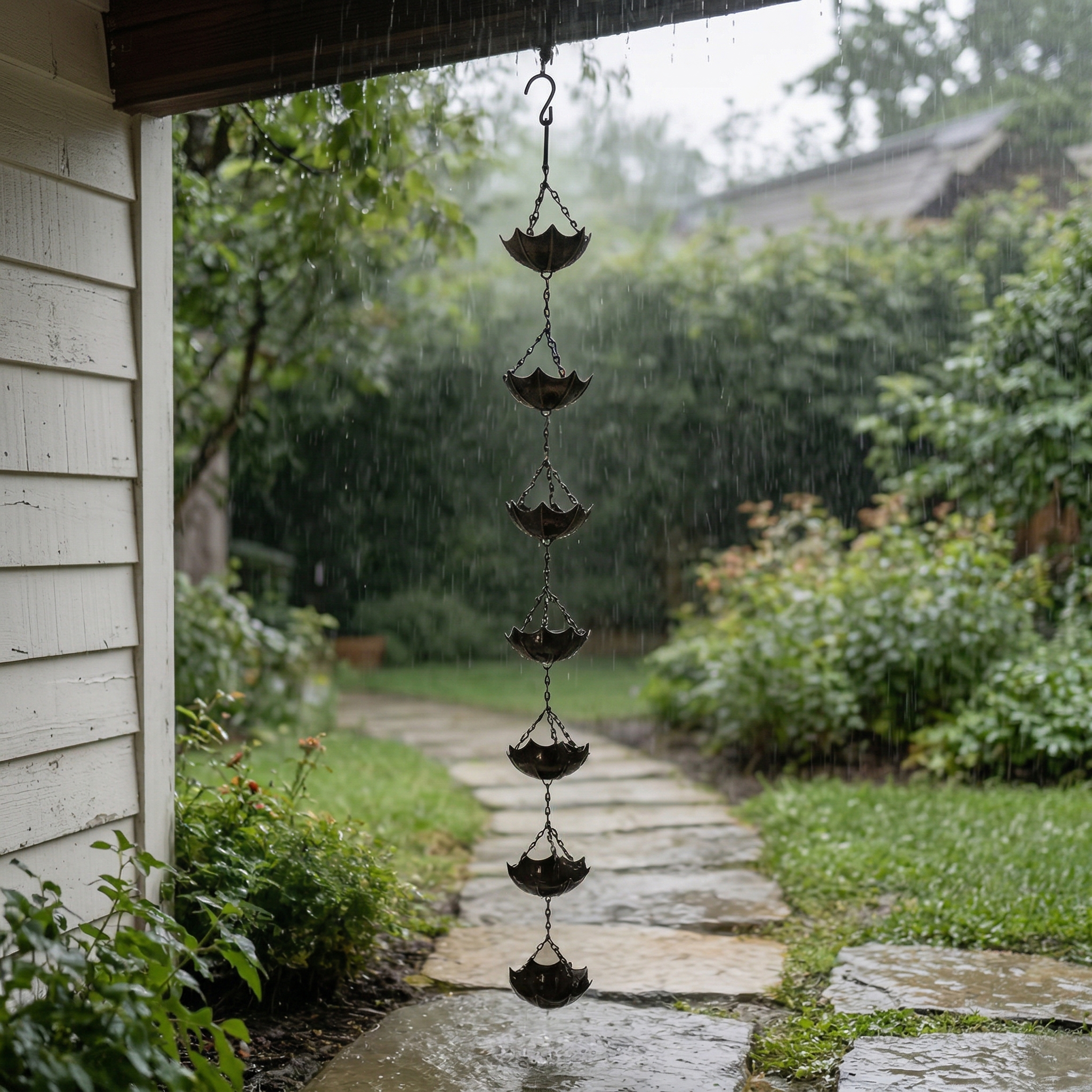 Small Umbrella Wind Chime Wrought Iron Outdoor Decoration Garden Courtyard Rain Chain  7 Rain Bells