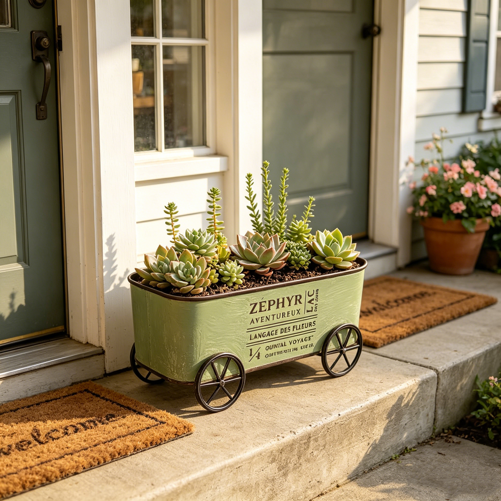Retro Wrought Iron Four-Wheel Planter Cart